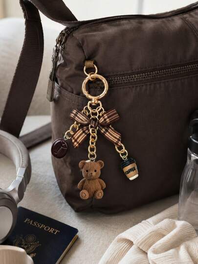 Cute Brown Bear Coffee-Colored Striped Bow Keychain With Coffee Cup And Coffee Bean Pendant, Japanese 3D Bear Keychain With Coffee Bean Pendant, Bohemian Style, Round Spring Clip, Suitable For Women And Coffee Lovers, Cute Coffee-Colored Bear-Shaped Decorative Design, Suitable For Hanging On Crossbody Bags, Backpacks, Handbags, Car Keys, Door Lock Keys, As Fashionable Decorative Accessories For Bags, Gifts For Her, Holiday Gifts, Back To School, Teacher's Day, Christmas