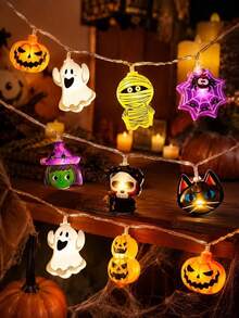 1pc Halloween Combination LED String Lights, Battery Powered, 10/20 LED Beads, Pumpkin, Ghost, Witch, Mummy And Spider Web 8 Shapes, Suitable For Bedroom, Living Room, Door & Window, Party Decoration - Multicolor - View 4