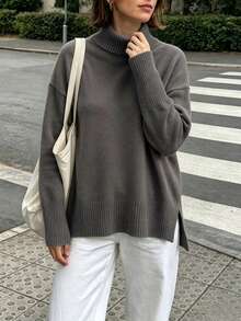 女士宽松高领毛衣，保暖休闲长袖上衣，秋冬季 - 深灰色 - 查看 3