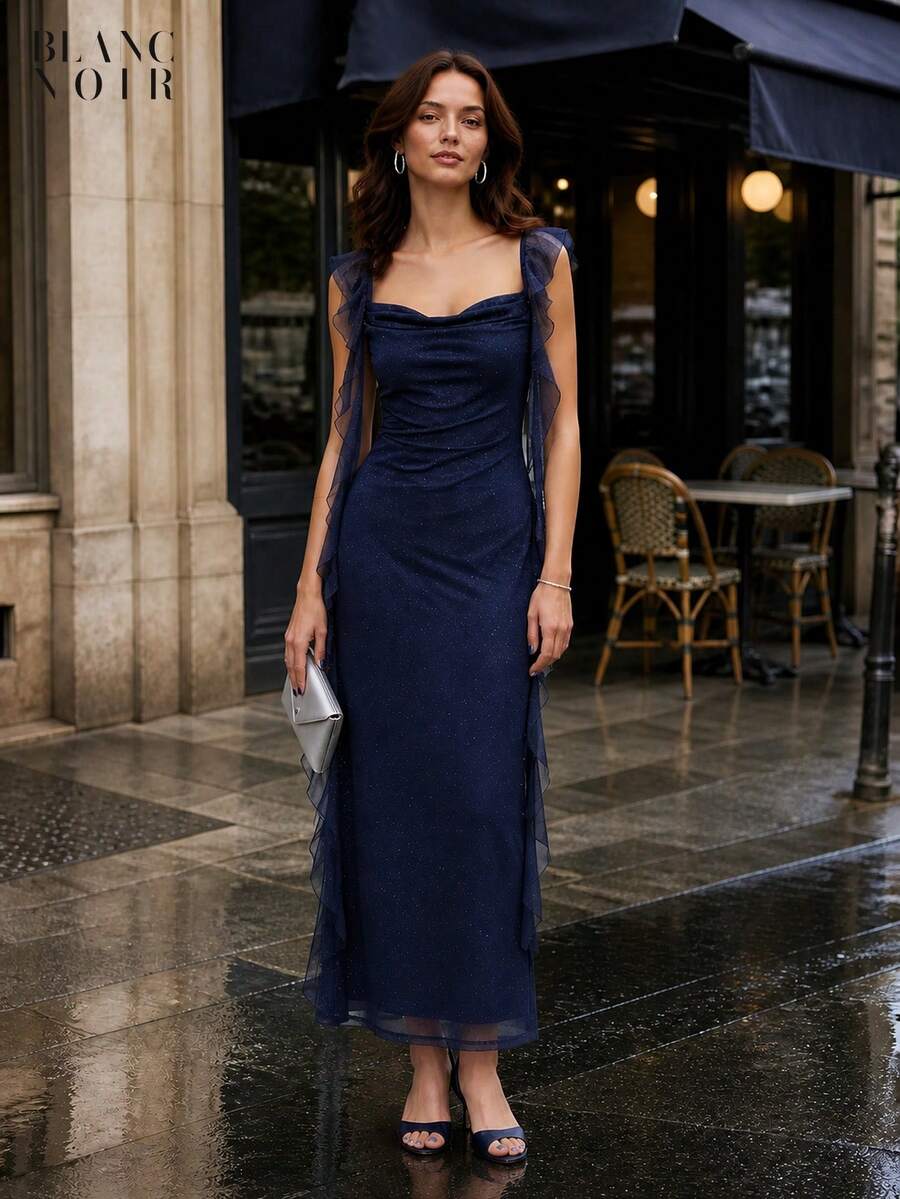 Navy Blue| Women's Elegant Navy Blue Sequin Mesh Ruffle Trim Bodycon Maxi Dress - 藍色 - 查看 1
