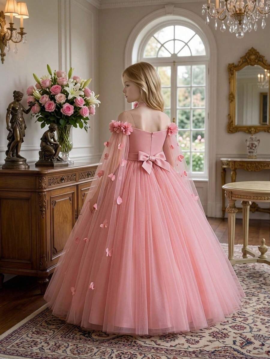 Tween Girls Mesh 3D Floral Princess Dress Elegant Formal Gown For Ball Party, Headband Not Included - Dusty Pink - View 1