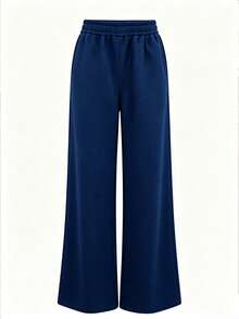 2 Pieces Set Oversized Crew Neck Sweatshirt And Wide Leg Pants For Teen Girls, Solid Color Drop Shoulder Crew Neck Long Sleeve Sweatshirt + Loose Wide Leg Pants Set, Suitable For Autumn/Winter Daily Wear - Navy Blue - View 8