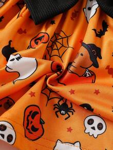 Baby Girl Autumn/Winter Halloween Orange Cute Ghost Pumpkin Spider Web Pattern Flutter Sleeve Long Sleeve Patchwork Black Big Bow Dress And Matching Headband, Suitable For Halloween Holiday Wear - Multicolor - View 8