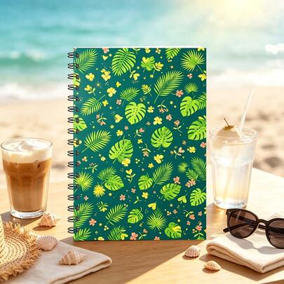 1PC A5 Spiral Bound Notebook, Summer Tropical Palm Leaves And Colorful Flower Print Jungle Style Glossy Cover, Adult Diary Work Diary, Suitable For Office And Travel