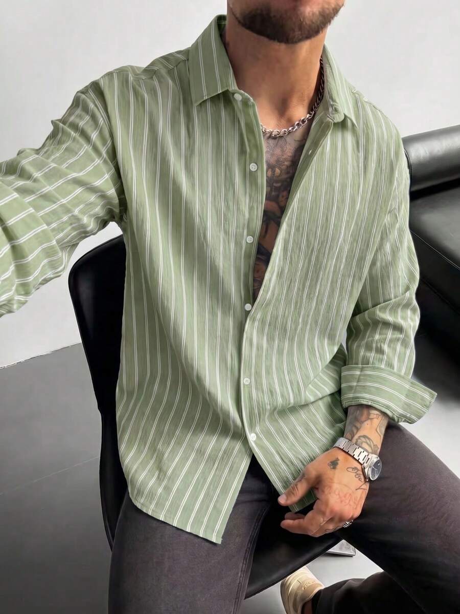 Men's Striped Long Sleeve Single-Breasted Casual Shirt, Versatile & Comfortable, Holiday Gift, Slightly Dropped Shoulder Loose Fit, Relaxed & Casual Style, Breathable - Mint Green - View 1