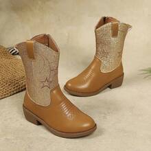 Children's Retro Mid-Calf Star & Moon Embroidered Western Cowboy Boots - Brown - View 1