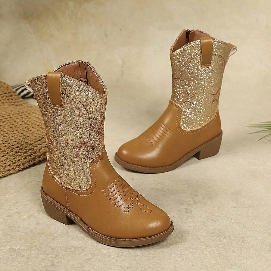 Children's Retro Mid-Calf Star & Moon Embroidered Western Cowboy Boots - Brown - View 1