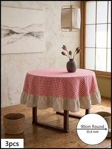 1pc Red And White Plaid With Beige Ruffle Edge Round Tablecloth, Classic Country Style, Beige Ruffle Edge Patchwork Detail Decoration, Functional Home Round Tablecloth Suitable For Family Dining And Cozy Home Decor Scenes - Red - View 10