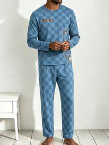Men's Autumn/Winter Thin Comfortable Crew Neck Pullover Checkerboard & Simple Bear Print Long Sleeve Long Pants 2 Pieces Pajama Set, Lazy Minimalist Loungewear - Multicolor - View 4