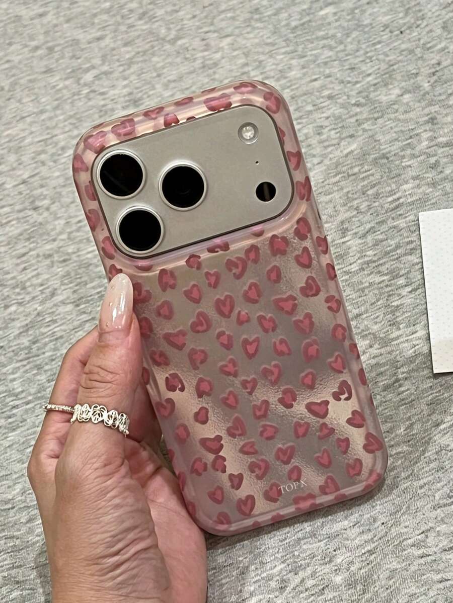 1pc Pink Semi-Transparent Phone Case All Over Cute Pink Heart Print Frosted Silver Bottom INS Sweet Style Soft Shockproof Phone Cover Compatible With IPhone 11 12 13 14 15 16 17 Pro Max - Multicolor - View 1