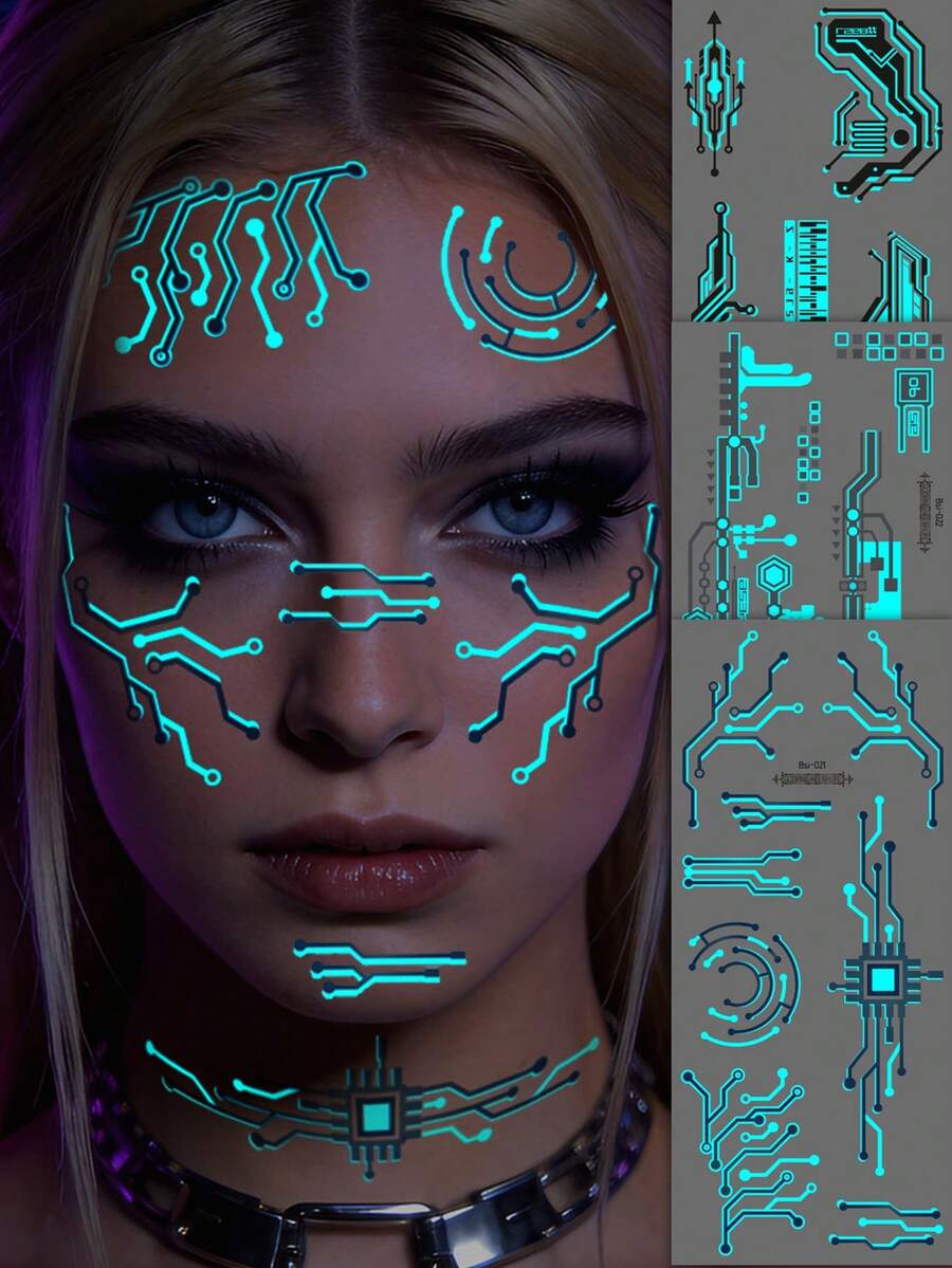 3Sheets Large Luminous Sci-Fi Machinery Design Temporary Tattoo Stickers For Men Women,Waterproof Female Robot Cyberpunk Futuristic Mechanical Line Pattern Glow In Dark Temporary Tattoos Cosplay Mech Party Body Decoration Stickers,Halloween Costume - Multicolor - View 1