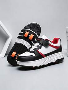 BLSART 1 par de patines de 4 ruedas con bloques de color y patchwork para niños, con cierre de gancho y bucle, suela gruesa antideslizante, ruedas desmontables 2 en 1 de doble uso, zapatos deportivos con ruedas para patinar casual al aire libre para niños - Negro - Ver 7