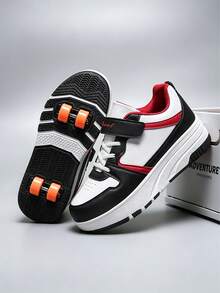 BLSART 1 par de patines de 4 ruedas con bloques de color y patchwork para niños, con cierre de gancho y bucle, suela gruesa antideslizante, ruedas desmontables 2 en 1 de doble uso, zapatos deportivos con ruedas para patinar casual al aire libre para niños - Negro - Ver 16