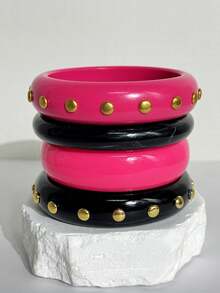 1PC/4PCS Gelang Resin Rivet Logam Asimetris Geometris Blok Warna Merah Muda & Hitam Manis Perhiasan Personalisasi Gadis Y2K Cocok Untuk Pemakaian Sehari-hari Dan Paduan Pesta - MultiWarna - View 11