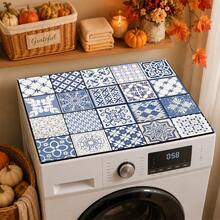 Luckybutterfly Blue & White Mosaic Floral Print Washing Machine Cover Mat, Anti-Slip Wear-Resistant Dust-Proof Countertop Protector Pad, Home Laundry Room Decorative Mat - Multicolor - View 6
