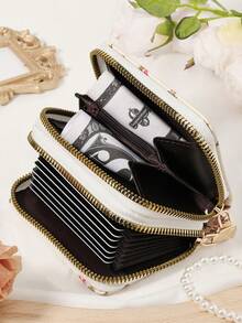 Fashionable Women's Printed Simple Wallet, Coin Bag, Double Zipper Portable Short Bag, Large Capacity Multifunctional Card Bag Wallet - Beige - View 7