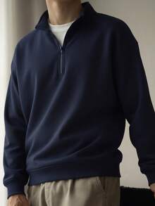Men's Solid Color Half-Zip Turn Collar Sweatshirt, Minimalist Loose Fit, Autumn/Winter Daily Commute Casual Long Sleeve Pullover - Navy Blue - View 5