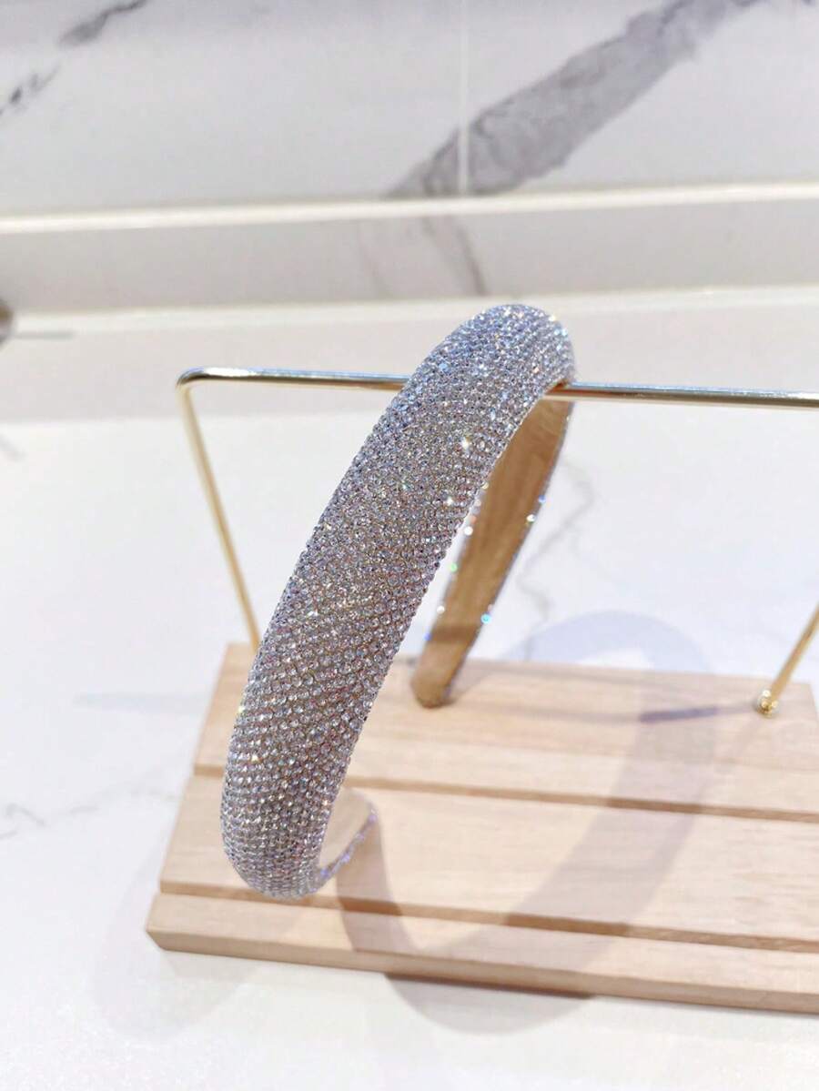 1pc Women's Full Rhinestone Sparkling High-End Headband, Sponge Headband, Luxury Niche Height-Increasing Crown Headpiece, Shiny Hair Accessory - Silver - View 1