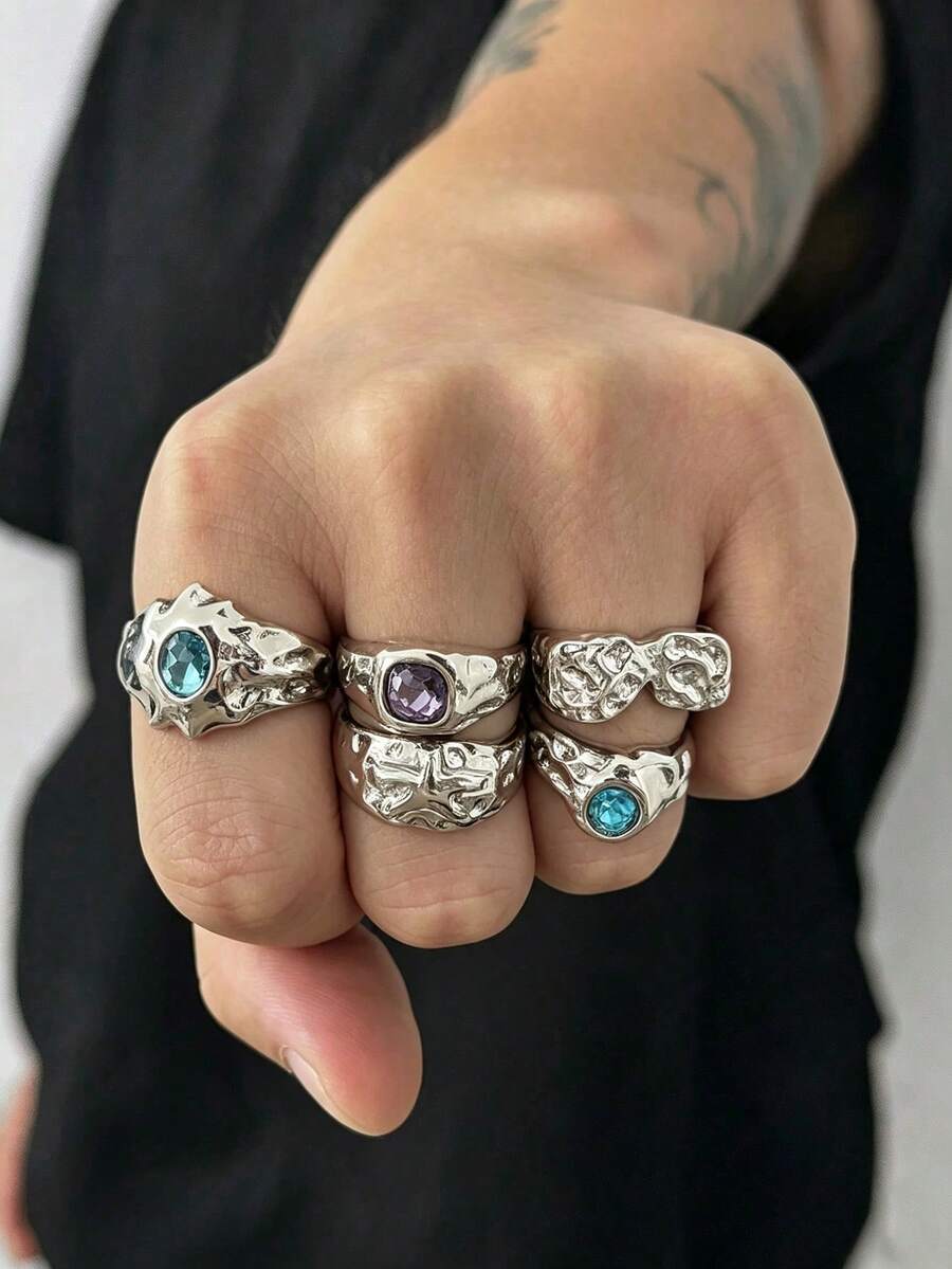 5 piezas de anillos de metal geométricos líquidos de moda hip hop punk, con incrustaciones de strass, anillos ajustables para los nudillos - Plateado - Ver 1