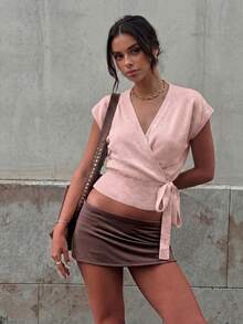 HoloChill Women's Knitted Wrap Pullover Sweater, Decorated With Knot Detail, Short Sleeve, Regular Length, High Elastic Fabric, Summer Casual 2026 New Top, Summer Top, Women's Spring Clothing, Women's Beach Outfit, Women's Outing Fall Pullover Sweater, Back To School Season, Halloween, Fall/Winter Luxury Christmas - Pink - View 3