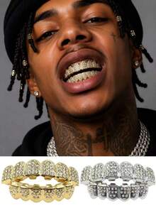 2PCS Gold Grillz Teeth Set,Iced Out Hip Hop Tooth Jewelry With Rhinestone Diamond Design,Shiny Gold Teeth Caps Fashion Accessories For Men Women Party - Multicolor - View 1