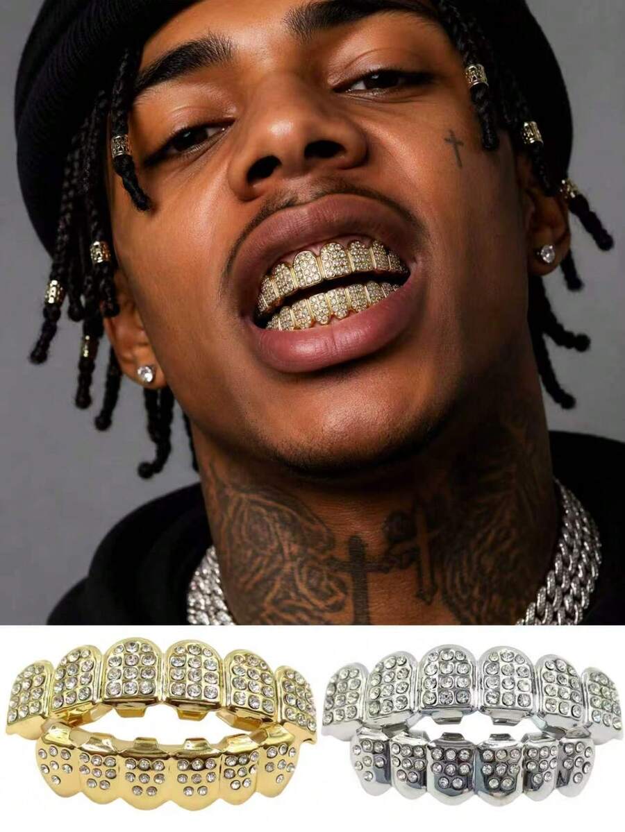 2PCS Gold Grillz Teeth Set,Iced Out Hip Hop Tooth Jewelry With Rhinestone Diamond Design,Shiny Gold Teeth Caps Fashion Accessories For Men Women Party - Multicolor - View 1