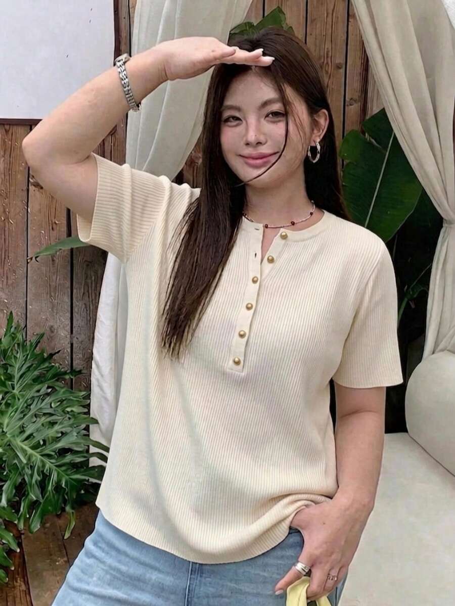 Atasan Wanita Ukuran Besar Lengan Pendek Leher Bulat Elegan Gaya Prancis untuk Musim Semi, Musim Panas, dan Musim Gugur - Aprikot - View 1