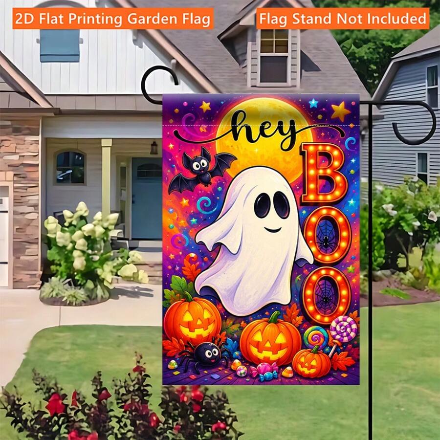2D Flat 1pc Halloween Ghost Candy Single-Sided Printed Welcome Garden Flag, Porch Decor, Suitable For Garden And Outdoor Yard Decoration, Autumn Holiday Celebration Decorative Flag, Flag Pole Not Included