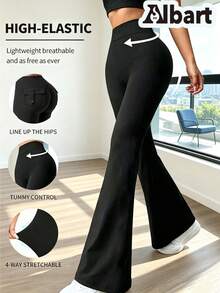 AIbart Neue elastische Bare-Feel Schlaghose, schnelltrocknende Yogahose, figurbetonende Fitness-Leggings, sportlich-lässige Skinny Micro-Flare Hose in Schwarz - Schwarz - Übersicht 4