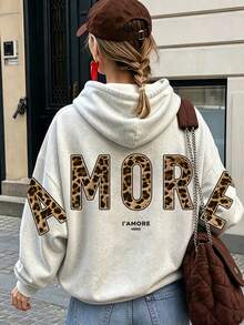 Leopard Print Amore Artistic Font Italian Romantic Love Text Fleece Lined Sweatshirt Back To School Fall For Women, Long Sleeve Pocket Slight Drop Shoulder Casual Sweatshirt - Light Grey - View 3