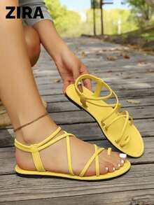 Sandal Datar Model Baru 2026 dengan Ujung Bulat dan Tali Tipis serta Tali Elastis Silang di Bagian Belakang - Kuning - View 3