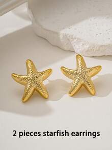 2-12件/套时尚海星贝壳耳环套装，适合夏季旅行和度假佩戴 - 金色 - 查看 10