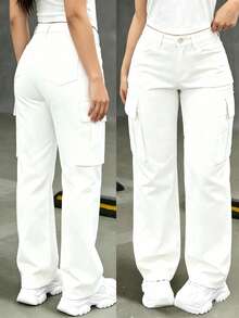 Teen Girls' White Elegant Multi-Pocket Design Stretch Comfortable Cargo Jeans - White - View 2