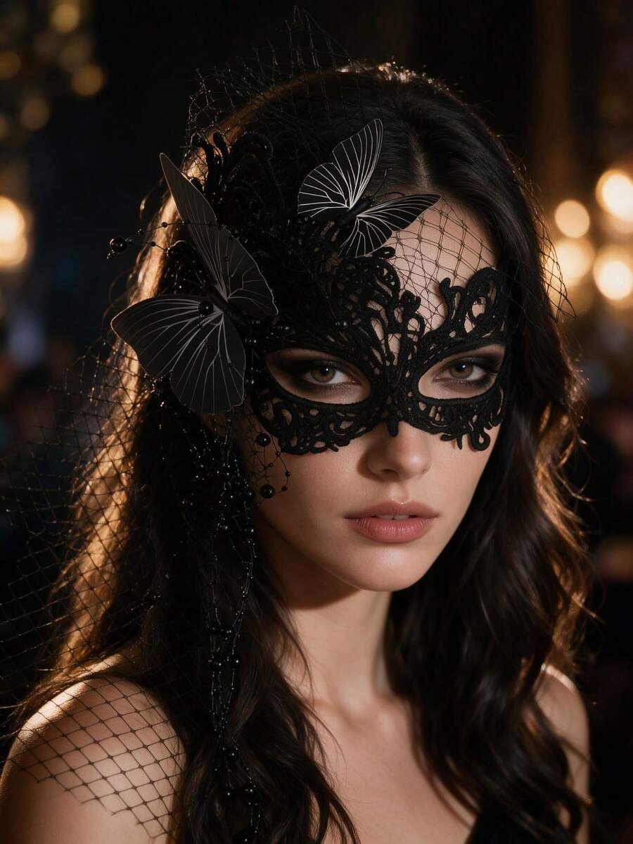 Black Lace Large Butterfly Masquerade Mask With Birdcage Veil, Long Black Beaded Tassel Gothic Style Halloween Party Cosplay Face Accessory - Black - View 1