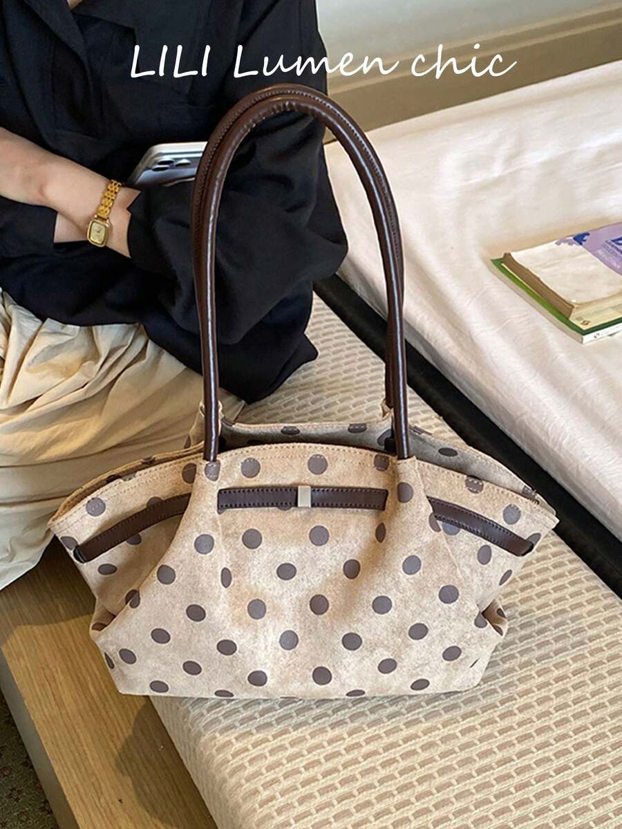 Polka Dot All-Over Print With Leather Patchwork Detail Decoration, Large Compartment For Storing Various Items, Vintage Style Handbag For Women, Shopping, Commuting And Travel, Long Handle Design, Simple Large Capacity Tote Bag - Khaki - View 1