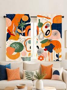 2Pcs Abstract Geometric Art Curtains, Modern Style Color Block Asymmetrical Line Print Pattern, Semi-Sheer Rod Pocket Curtains, Suitable For Living Room And Bedroom, Rod Not Included - Multicolor - View 8