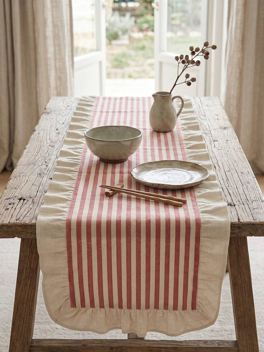 1pc Red & White Striped With Beige Ruffle Edge Table Runner, Natural Rustic Style, Long Rectangular Shape With Ruffle Edge Detail, Decorative Functional Dining Table Runner Suitable For Tea Ceremony Arrangement And Natural Home Decor Scenes - Red - View 1
