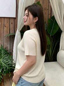 Atasan Wanita Ukuran Besar Lengan Pendek Leher Bulat Elegan Gaya Prancis untuk Musim Semi, Musim Panas, dan Musim Gugur - Aprikot - View 3