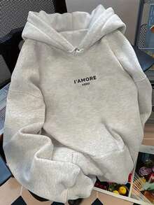 Leopard Print Amore Artistic Font Italian Romantic Love Text Fleece Lined Sweatshirt Back To School Fall For Women, Long Sleeve Pocket Slight Drop Shoulder Casual Sweatshirt - Light Grey - View 4