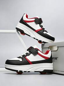 BLSART 1 par de patines de 4 ruedas con bloques de color y patchwork para niños, con cierre de gancho y bucle, suela gruesa antideslizante, ruedas desmontables 2 en 1 de doble uso, zapatos deportivos con ruedas para patinar casual al aire libre para niños - Negro - Ver 18
