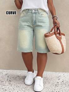 Mid-Waist Non-Stretch Vintage Retro Casual Women's Plus Size Denim Bermuda Shorts - Dark Wash - View 7
