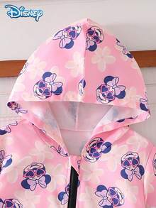 Disney Authorized Girls' Spring/Autumn Jacket, Pink & Navy Blue Cartoon All-Over Print, Cute Girly Style, Regular Shoulder, Elastic Cuffs, Hooded Windproof Design, Fits 4-8 Years Old Girls, Versatile For Daily Wear, Casual, Vacation, Party, Gathering - Pink - View 3