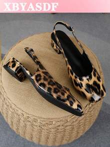 XBYASDF Women's Brown Leopard Print Glossy Square Toe Slingback Chunky Heel Pumps, Buckle Strap Low Heel 3cm High Heels, European And American Commute Dating Sandals - Brown - View 1