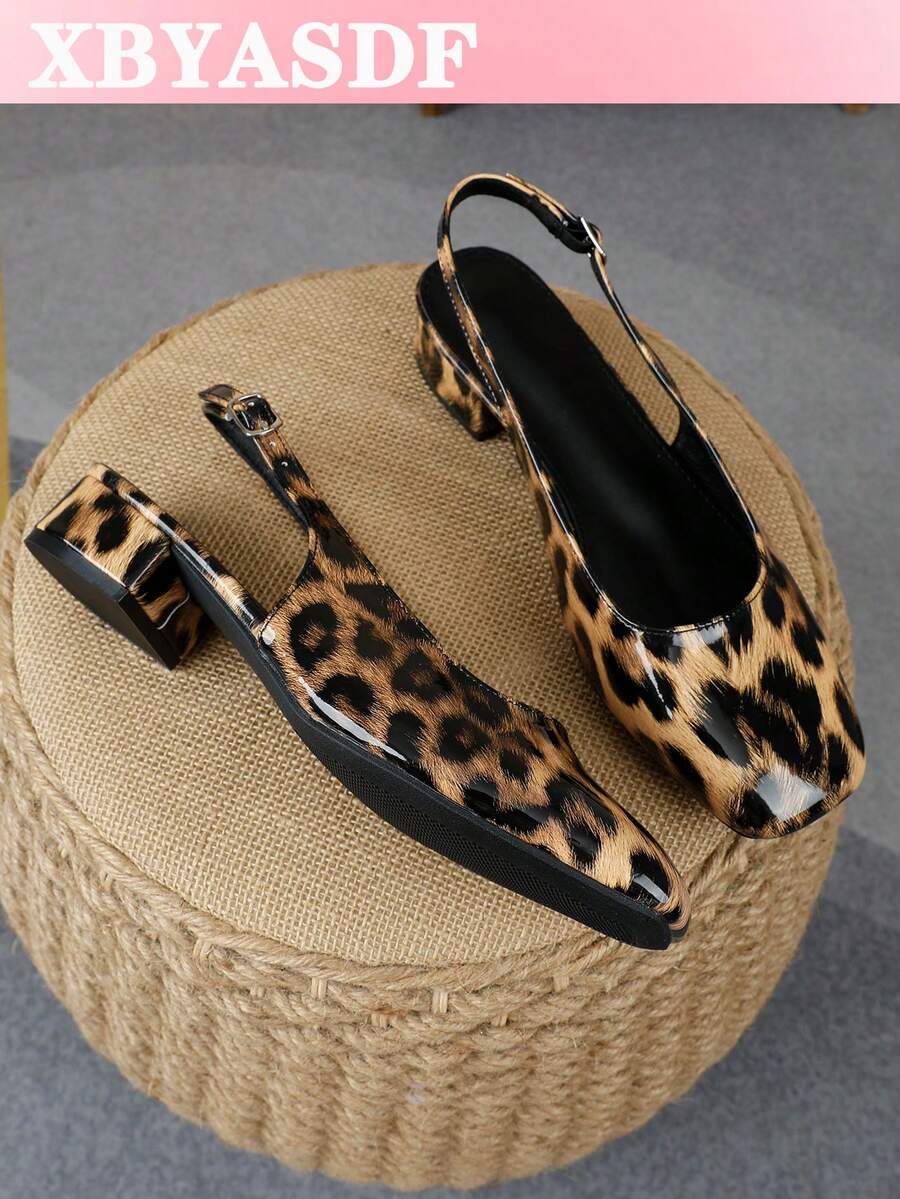 XBYASDF Women's Brown Leopard Print Glossy Square Toe Slingback Chunky Heel Pumps, Buckle Strap Low Heel 3cm High Heels, European And American Commute Dating Sandals - Brown - View 1