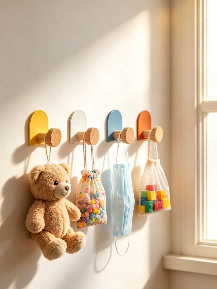 4pcs Self-Adhesive Wall Hooks (Solid Color Round), Suitable For Children's Room, Girls' Room Decor, Baby Nursery Newborn Essentials - Multicolor - View 1