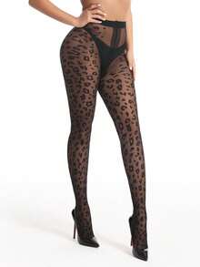 1pc Women 20D Leopard Jacquard Pattern Sheer Nylon Blend Stretchy Slim Fit Sexy Fashion Pantyhose For Daily Date Night - Black - View 3
