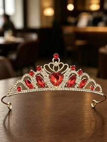 1pc Gold-Color Red Crystal Large Crown Headpiece, High-End Crystal Crown Hair Clip Accessory, Princess Birthday Gift - Red - View 2
