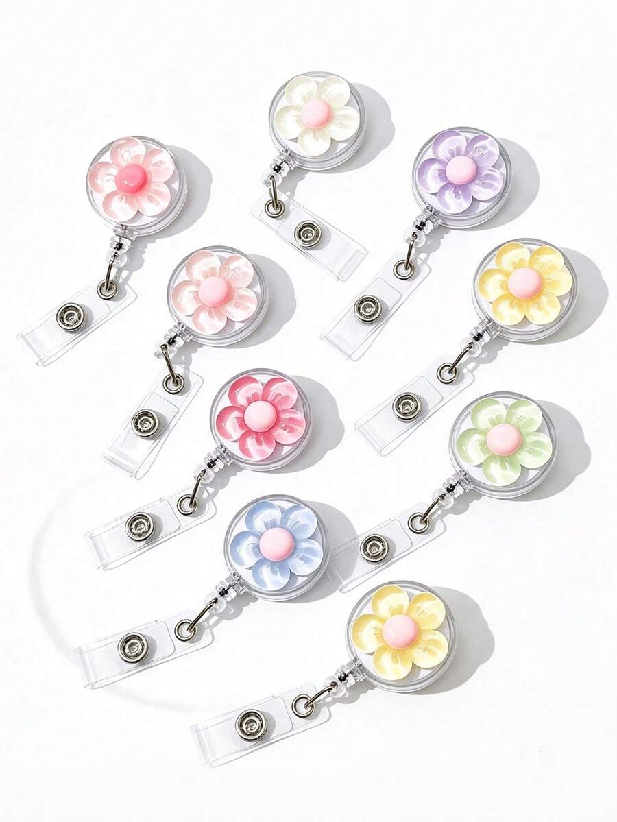 Retractable 3D Flower Lanyard Clip, Name Tag Holder, ID Badge Holder. Retractable Keychain, Nurse And Teacher Accessories, Anti-Loss Carabiner. - Multicolor - View 1