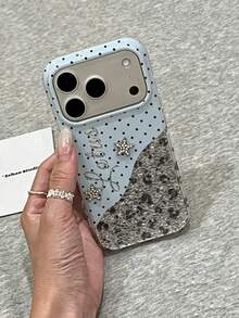 1pc INS Sweet Y2K Patchwork Phone Case, Silver Cracked Leopard Print Handwritten Letter Shiny Star Rhinestone Lightweight Flexible Shockproof Shell, Compatible With IPhone 11 12 13 14 15 16 17 Pro Max - Multicolor - View 1