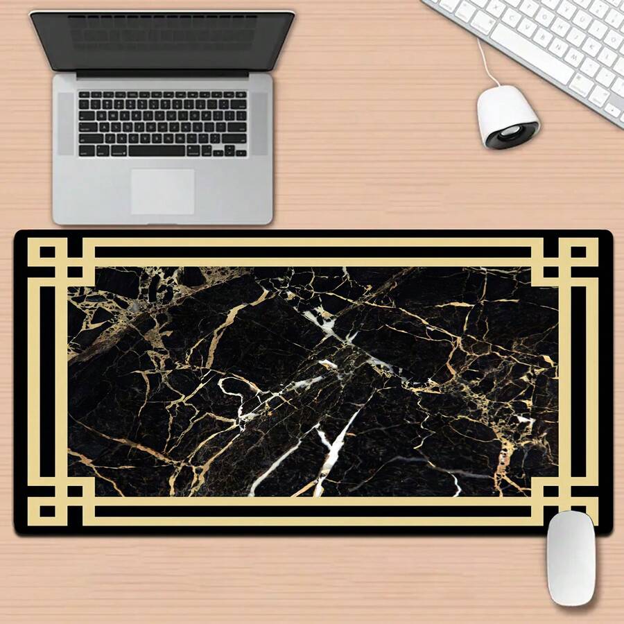 Luckybutterfly 1PC Black Gold Marble Large Mouse Pad, Luxury Geometric Border Non‑Slip Extended Desk Mat For Gaming Office Laptop Keyboard Decor - Black and White - View 1
